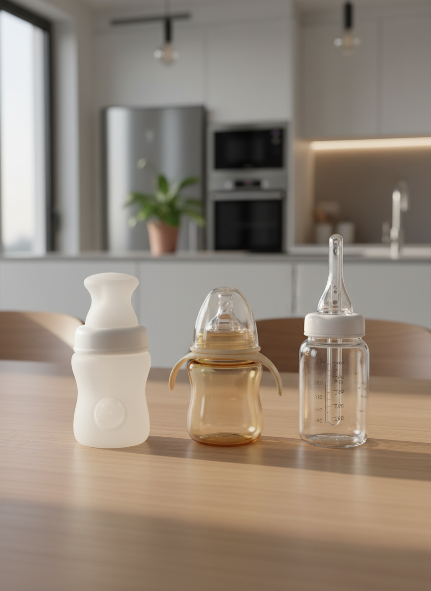 A clean wooden dining table neatly arranged with three different baby bottles in a row: a wide-neck silicone bottle with a matte, milky finish, a clear PPSU bottle with subtle amber tint, and a slim glass bottle with precise measurement markings. Each has a distinct nipple shape and vent system clearly visible. They stand on a light oak surface in a bright, modern kitchen, with cabinets and appliances softly blurred in the background. Natural morning light enters from the left, creating soft reflections on the bottles and gentle shadows. Photographic realism, shot at eye level with a shallow depth of field, professional and clinical yet warm, emphasizing comparison and real-world use, perfect for a parenting product review blog header.