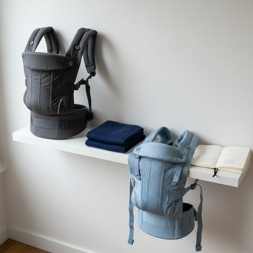 A minimalist white nursery shelf showcasing an organized lineup of baby carriers: a structured gray ergonomic carrier with firm padded waistband, a soft navy wrap neatly folded to show its stretchy fabric, and a breathable mesh carrier hanging with its back panel spread to display ventilation holes. Beside them, a small notebook lies open with sketched checkmarks and pros and cons headings visible. The scene is set against a matte white wall in diffused daylight, creating a calm, neutral mood. Photographic realism, shot from a slightly elevated angle, with sharp focus on the textures and buckles, blurred background edges, conveying thoughtful comparison and professional evaluation of baby gear.